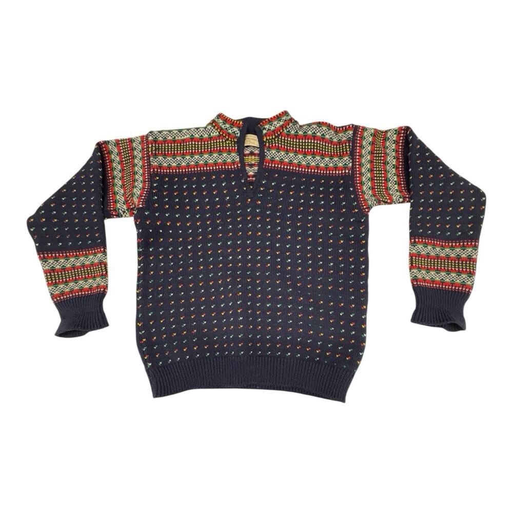 VTG Stowe Woolens Sweater Women L Blue Green Red Fair Isle Long Sleeve Pullover